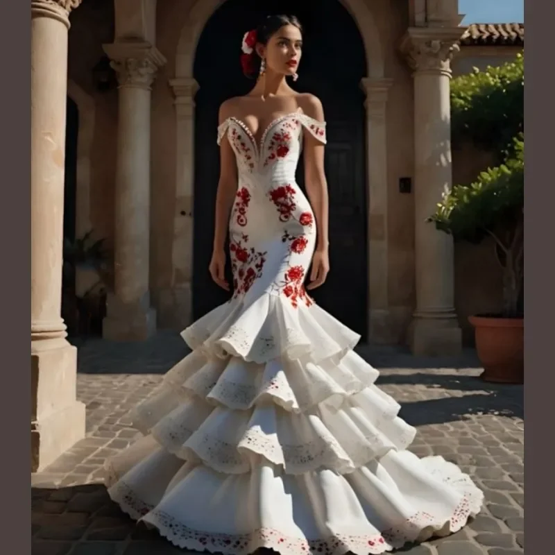 Vestidos de Noche elegantes de sirena con volantes, vestido de recepción blanco y rojo con apliques de encaje Floral, vestido de fiesta Flamenco