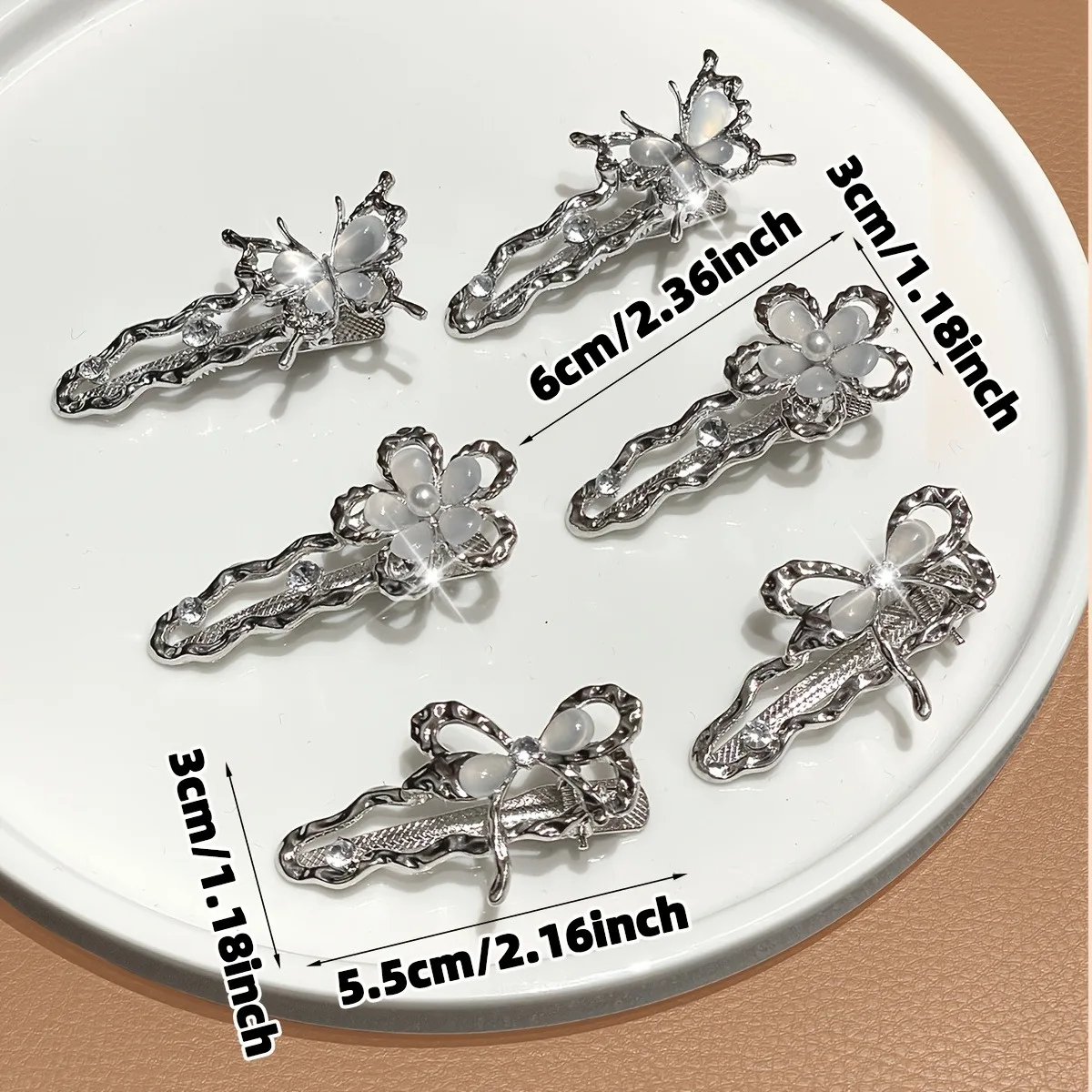 6pcs Elegant Luxury Irregular Ripple Metal Hair Clip Imitation Cat's Eye Butterfly Flower Duckbill Clip Retro Women's Side Clip view 6