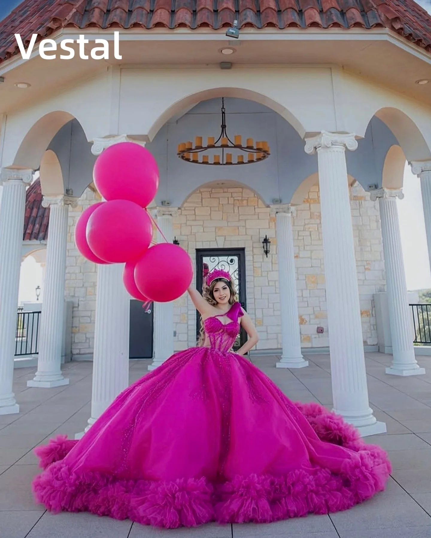 

Fuchsia One Shoulder Quinceanera Dress Corset Glitter Tulle Ball Gown Ruffled Hem Long Train Birthday Dress Customized