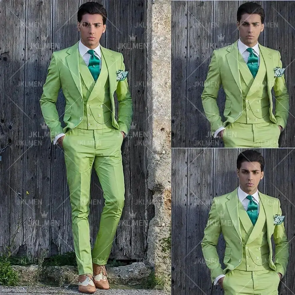 

Green Men Suits Three Pieces Business Suit Custom Made Casual Polyester Coat Office Terno Masculino Completo