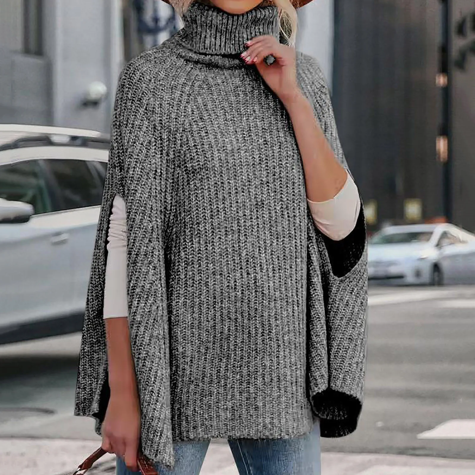 Autumn Winter Turtleneck Poncho Sweater Women Fashion Chunky Knit Cape Wrap Sweaters Pullover Female Jumper Tops Sweater Shirts