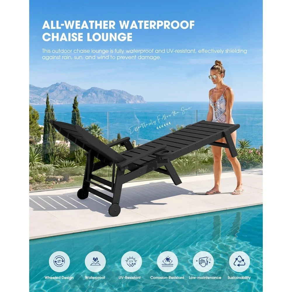 

HDPE Lounge Chair Outdoor Set of 2, Patio Chaise Lounge Recliner with Cup Holder All Weather Pool Lounger for, Customized