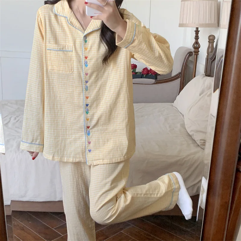 Korean Style Sweet Beige Grid Student Homewear Set 2023 New Long Sleeved Pants Cute Pajamas Suit for Women\'s Autumn