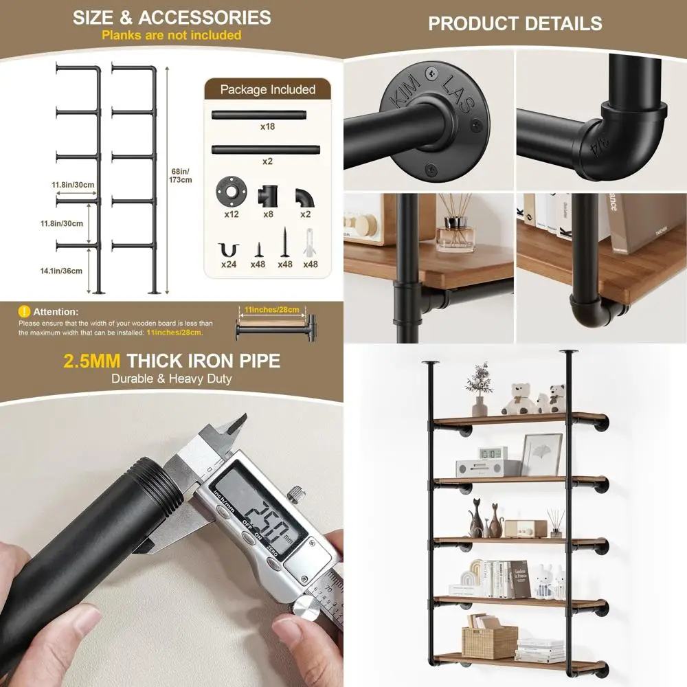 

5-уровневая настенная открытая книжная полка для промышленных железных труб - полки для хранения своими руками