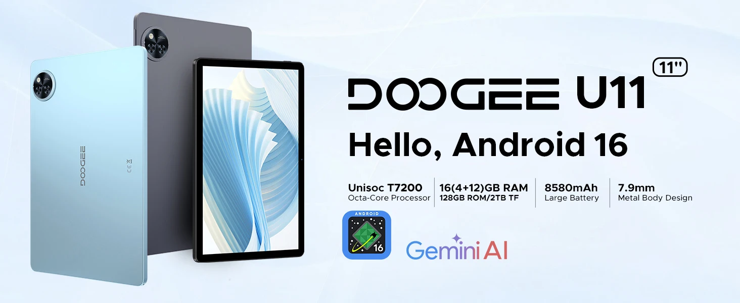 Tablet DOOGEE U11 Android 16, ultra screen 11 inch 90Hz, 4 GB RAM, ROM, battery 8580 mAh, dual top speaker, Supports Widevine L1