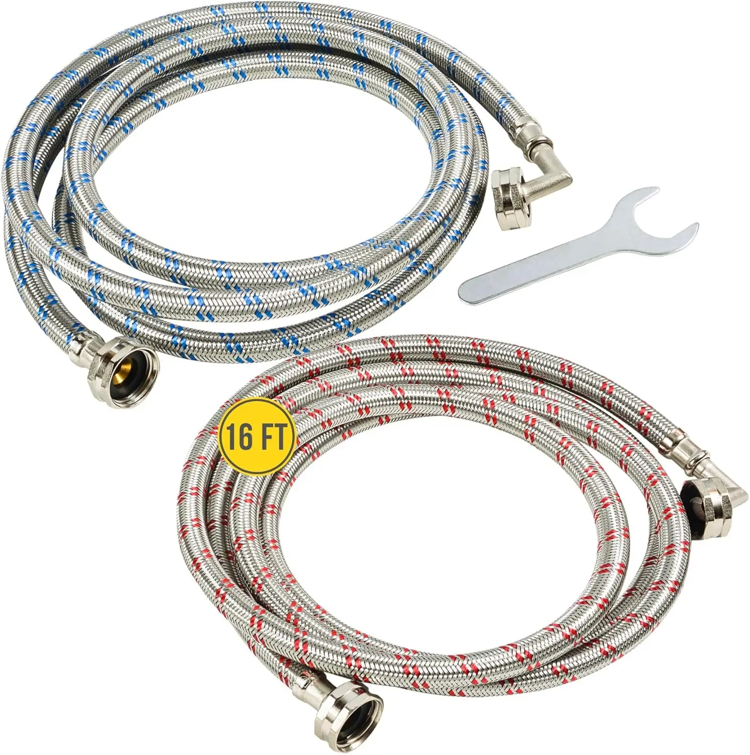 16FT Braided Stainless Steel Washing Machine Hoses with 90° Elbow, Universal Fit, Burst Proof - 2 Pack