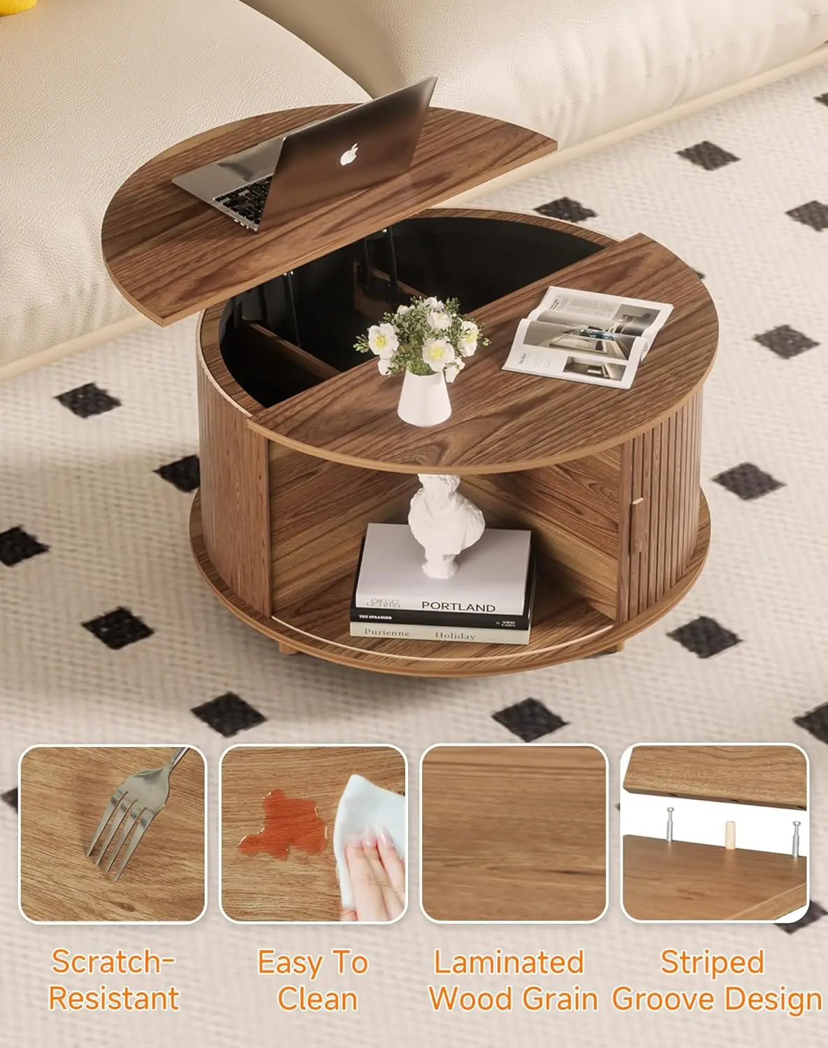 Round Lift Top Coffee Table with Storage, Mid Century Modern Center Table with 180° Sliding Tambour Door, Small Circle Wood Flut