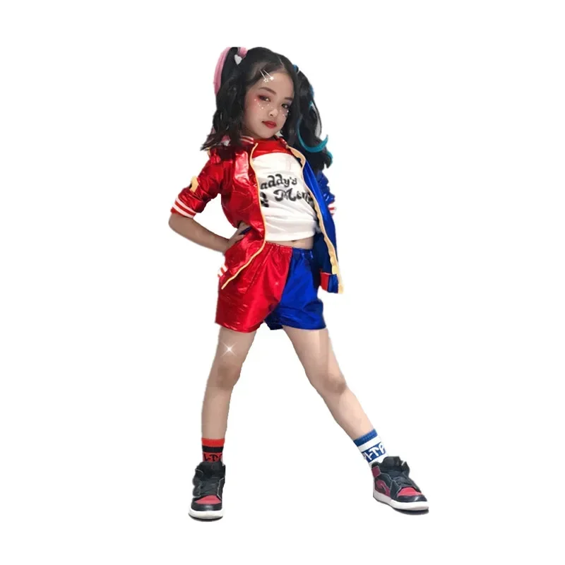 Cosbao Carnival Kids Girls Harleen Quinzel Cosplay Costumes Joker Jacket Fantasia Arlequina Suit T Shirt Bracer Belt Wig Gloves