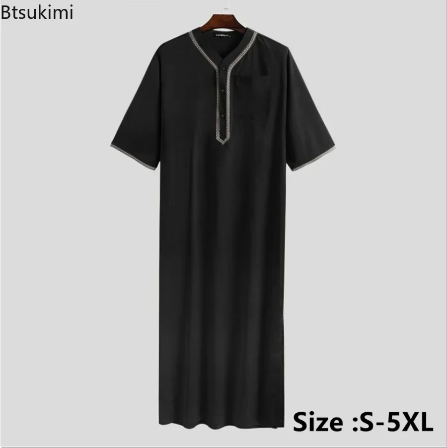 2025 Muslim Men Jubba Thobe Solid Button Kimono Middle Robe Saudi Muslim Man Shirt Stand Collar Islamic Arabic Kaftan Men Abayas