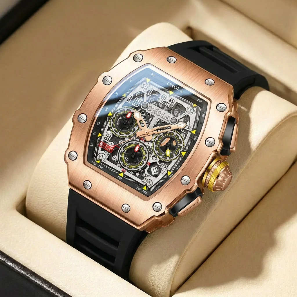 

1pcs Men's gold dial silicone strap vintage fashion tonneau skeleton sporty details Quartz Watch for business party holiday