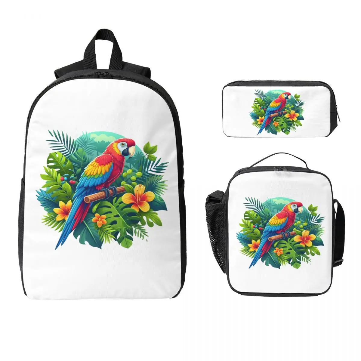 

Colorful Tropical Parrot With Flowers Print Backpack BookBag School Bag Shoulder Bags 3ps Insulated Lunch Bag Pencil Case