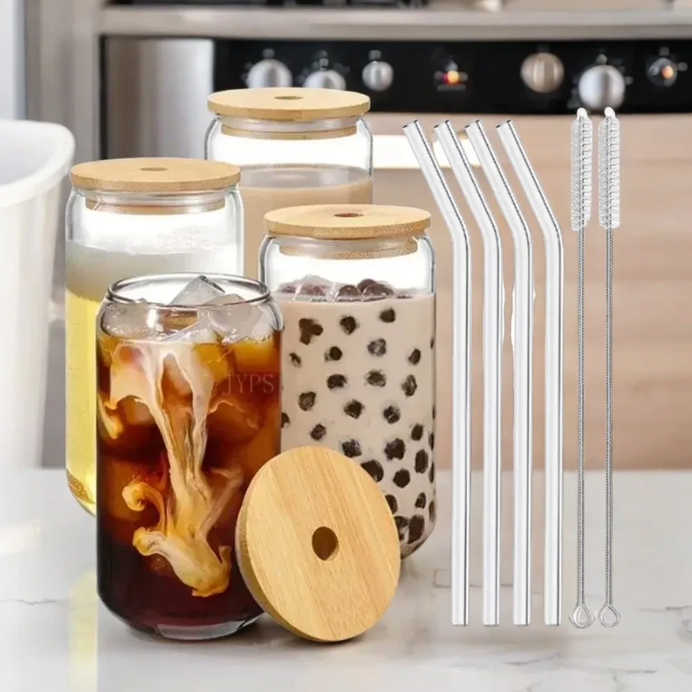 Transparent 550ml/400ml Glass Cup With Lid and Straw - Bubble Tea Cup, Juice Glass, Beer Can, Milk Cup, Mocha Cups - Breakfast M