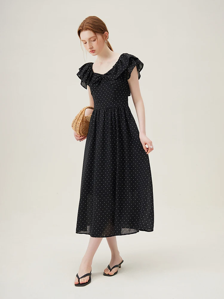 FSLE Black Polka Dot Female Chic Long Dress 2024 Summer New Versatile Casual Romantic Black Dress For Women 24FS12919