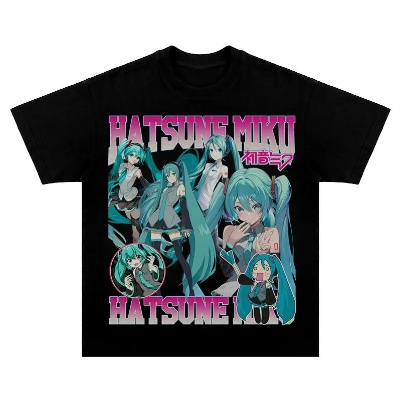 Animation Peripheral Hatsune Miku Retro Style Pure Cotton Short-sleeved Summer Casual Loose Washed Men\'s and Women\'s T-shirt