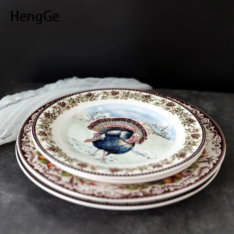 American Style Turkey Color Painting Ceramic Plate Creativity Dinning Room Decoration Spaghetti Diner Plate Western Tableware