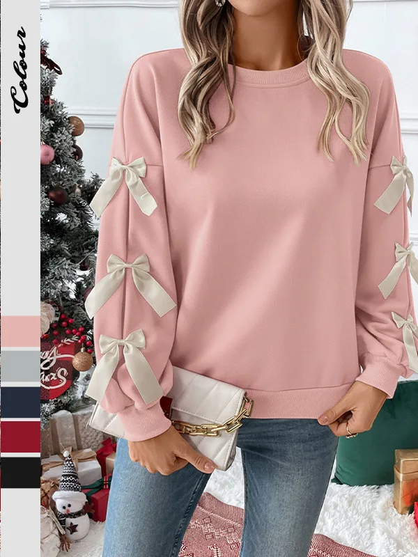 

Sweet Vntine's Day Hoodie Women's Bow Tie Pink Date Sweatirt Organic Cotton Loose Fit Long Sve round Ne Pullover