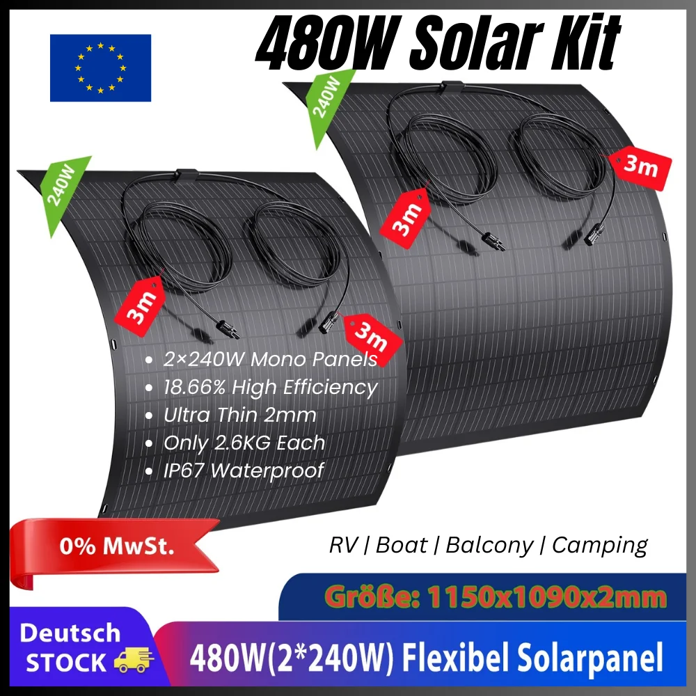 480W Flexibles Solarpanel-Set, 2×240W Mono-PV-Module, 18,66% Effizienz, ultradünn 2mm, IP67 wasserdicht für Wohnmobil, Balkon, Camping, netzunabhängig