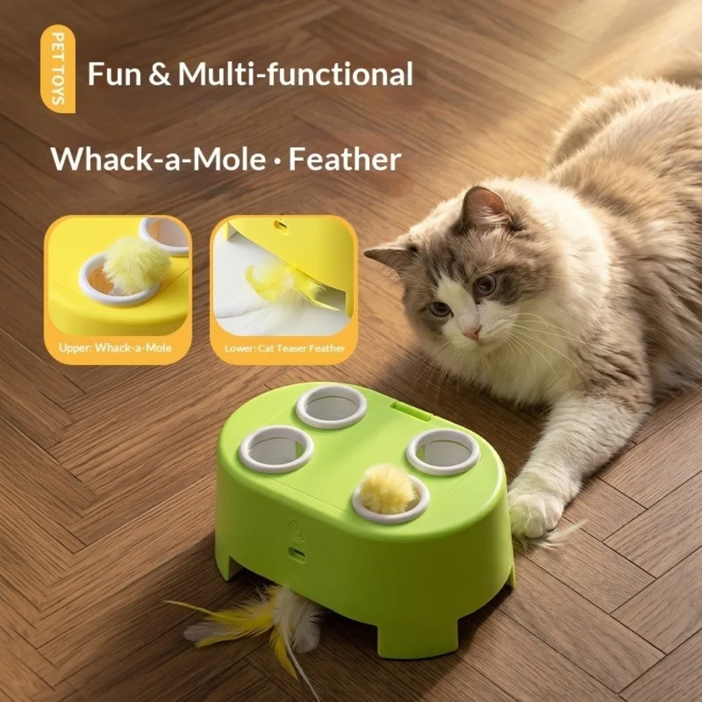 Juguete Eléctrico Interactivo para Gatos: Whack-a-Mole Multifunción con 3 Modos, Base Giratoria y Plumas, Juego de Persecución Silencioso con Motor Eléctrico