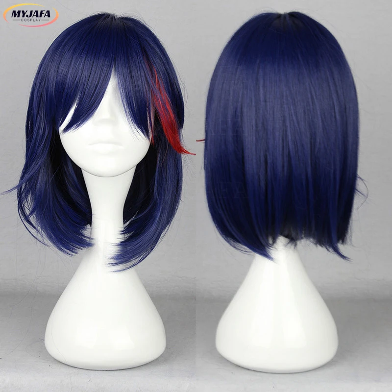 

Anime Matoi Ryuko Cosplay Wig Short Navy Blue With Red Heat Resistant Synthetic Hair Halloween Role Play Wigs + Wig Cap