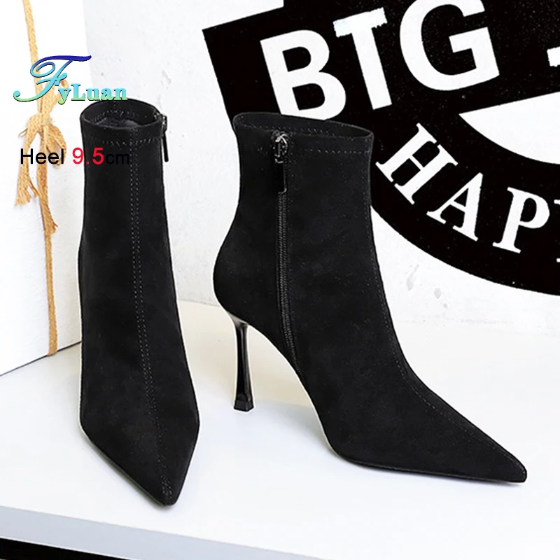 العلامة التجارية الجلد المدبوغ الجوارب 9.5 سنتيمتر خنجر تنوعا أحذية للنساء ربيع الخريف البريدي عالية الكعب الأسود أشار تو أنيقة حذاء من الجلد