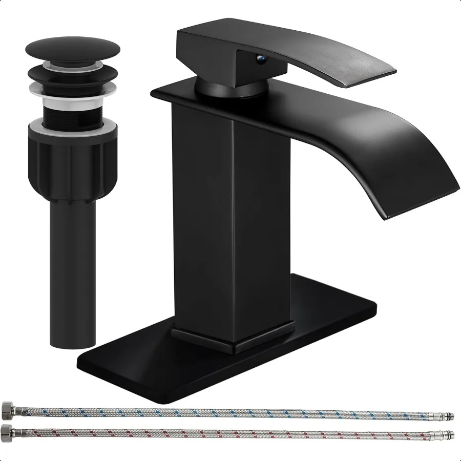 

Waterfall Bathroom Sink Faucet Single Hole Black with Three Hole Cover Deck Plate Pop up Drain and Water Hoses Stainl Steel Van