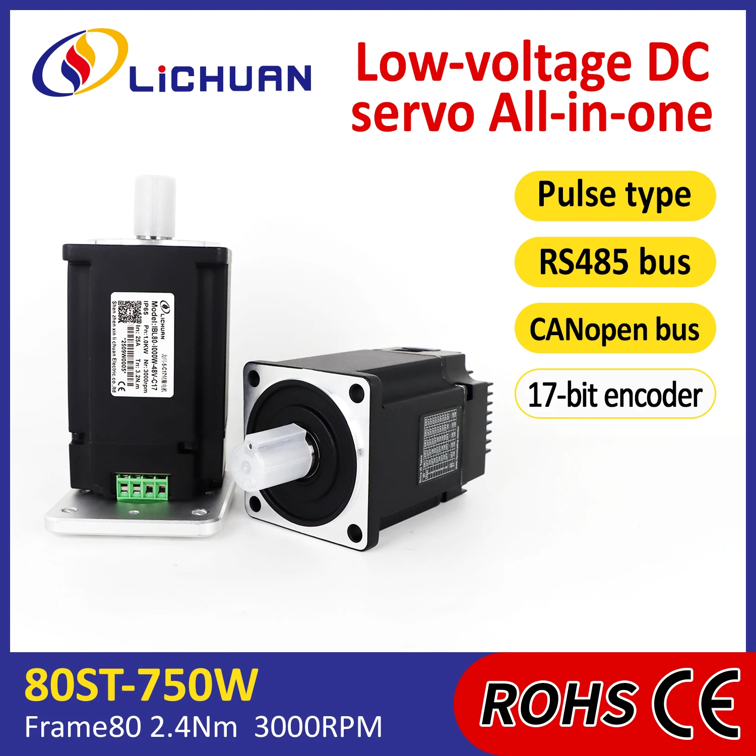 Lichuan DC48V20/25A3000RPM pulso/RS485/CANopen Medical 2,4/3.2N.m controlador de servomotor 750/1000W controlador de servomotor integrado