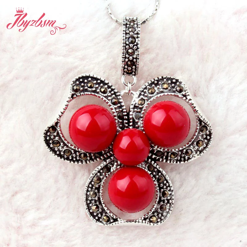 8.10mm Round Manmade Red Coral Marcasite Tibetan Silver Anniversary Classical Party Pendant 35x45mm Earring 19x25mm Jewelry  Set