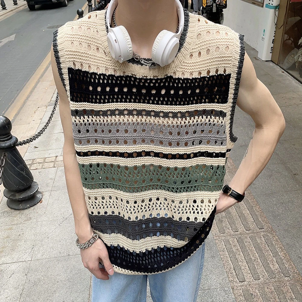 Fashion Knitted Vest Y2k Streetwear Trend Hollow Sleeveless Top Men's Striped Contrast Color Loose Tank Tops Genderless Clothing