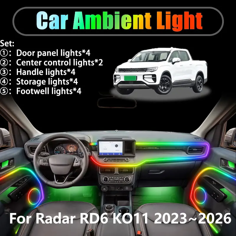 

Для Radar RD6 KO11 2023 ~ 2026 Riddara RD6 2/18 в 1 Автомобильное окружающее освещение Светодиодные внутренние светодиодные фонари багажника USB RGB Ensemble Streamer