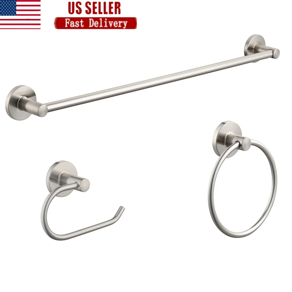 

Современный круглый комплект аксессуаров для ванной, набор из 3 предметов, вешалка для полотенец, кольцо для полотенец, держатель для туалетной бумаги, прочный металлический атласный никель, легкая отделка