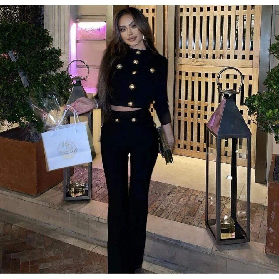 

Fashionable High-Waist Belted Pants Set with Metal Buckle Top And Long Pants Two-Piece Set Cotton Long Sleeve Color