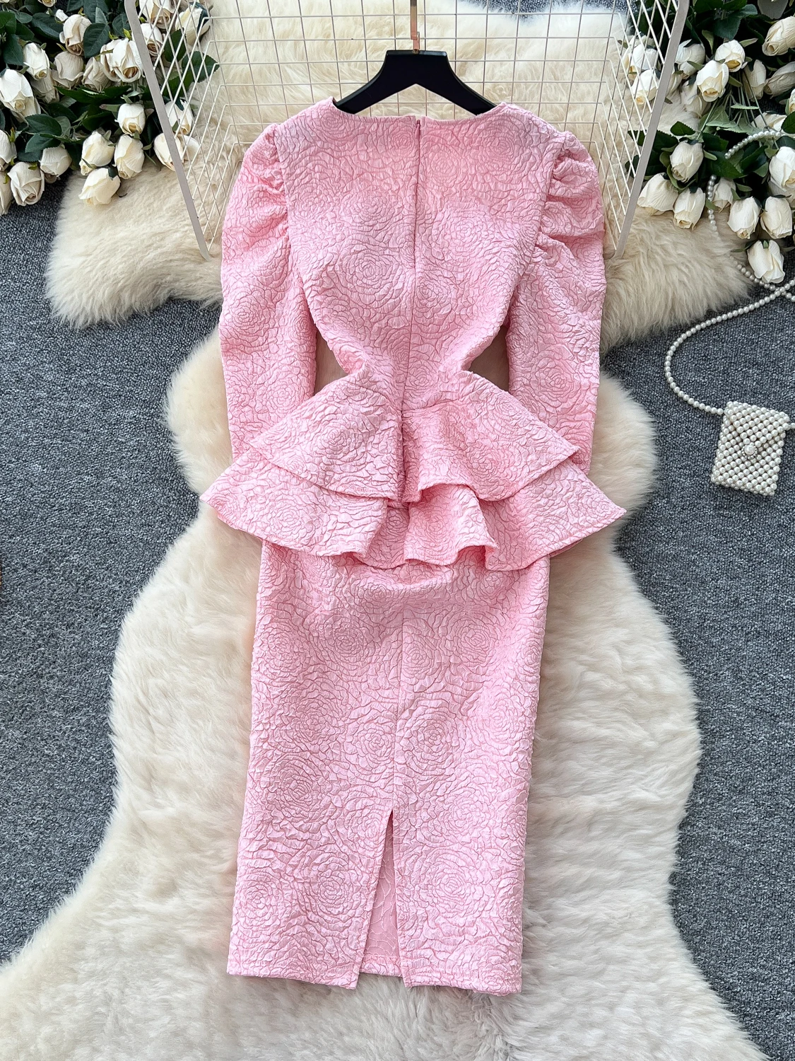 Letnia sukienka midi damska, modna, z koronkowym wykończeniem, wzorem tekstury, rękawami 3/4, wysokim stanem, o kroju litery A.