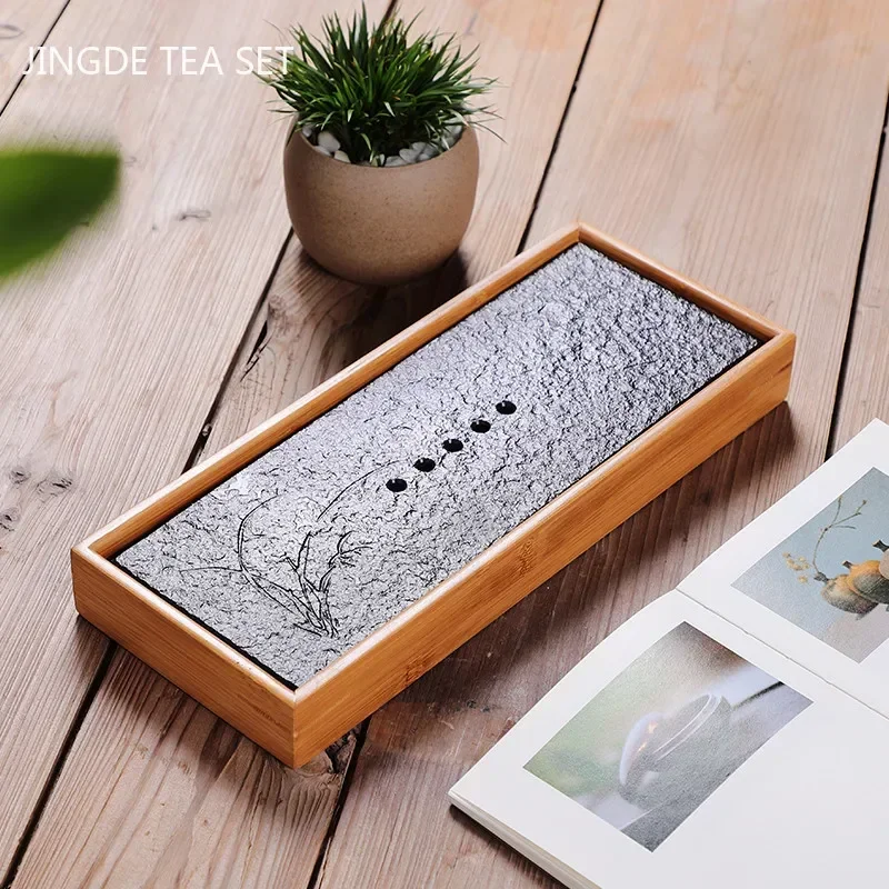 

Natural Bamboo Double Layer Black Stone Tea Tray Rectangular Water Storage Small Tea Tray Chinese Tea Ceremony Accessories