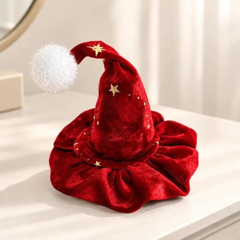 Red Hat Christmas Hair Clip with Gold-Tone Star Pattern, White Tip Ball and Ruffled Base for Holiday Parties, Gatherings Y08E