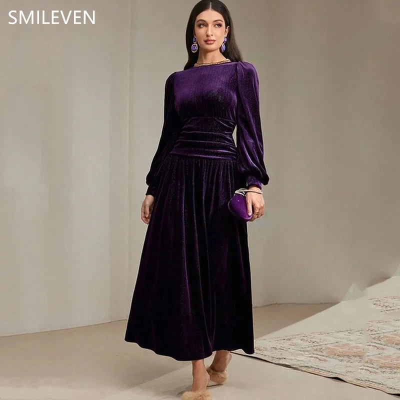 

Smileven Elegant A-line Evening Dress Purple Height Neck Special occasion Dresses Long Sleeves Evening Party Gowns Customized