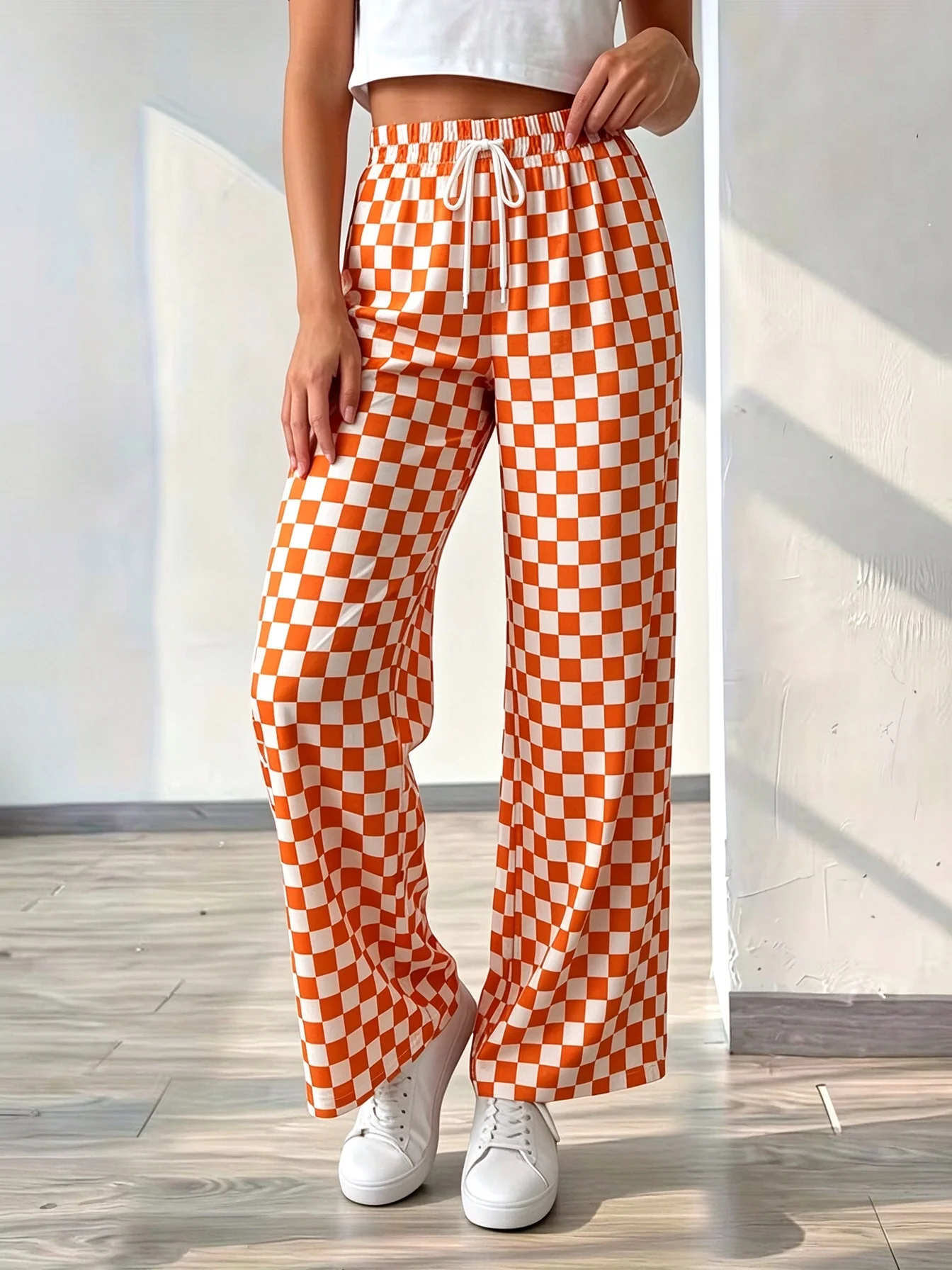 Women Black White Checkerboard Print Wide Leg Pants Elastic Waist Casual Trousers with Side Pockets Comfortable Wear Streetwear