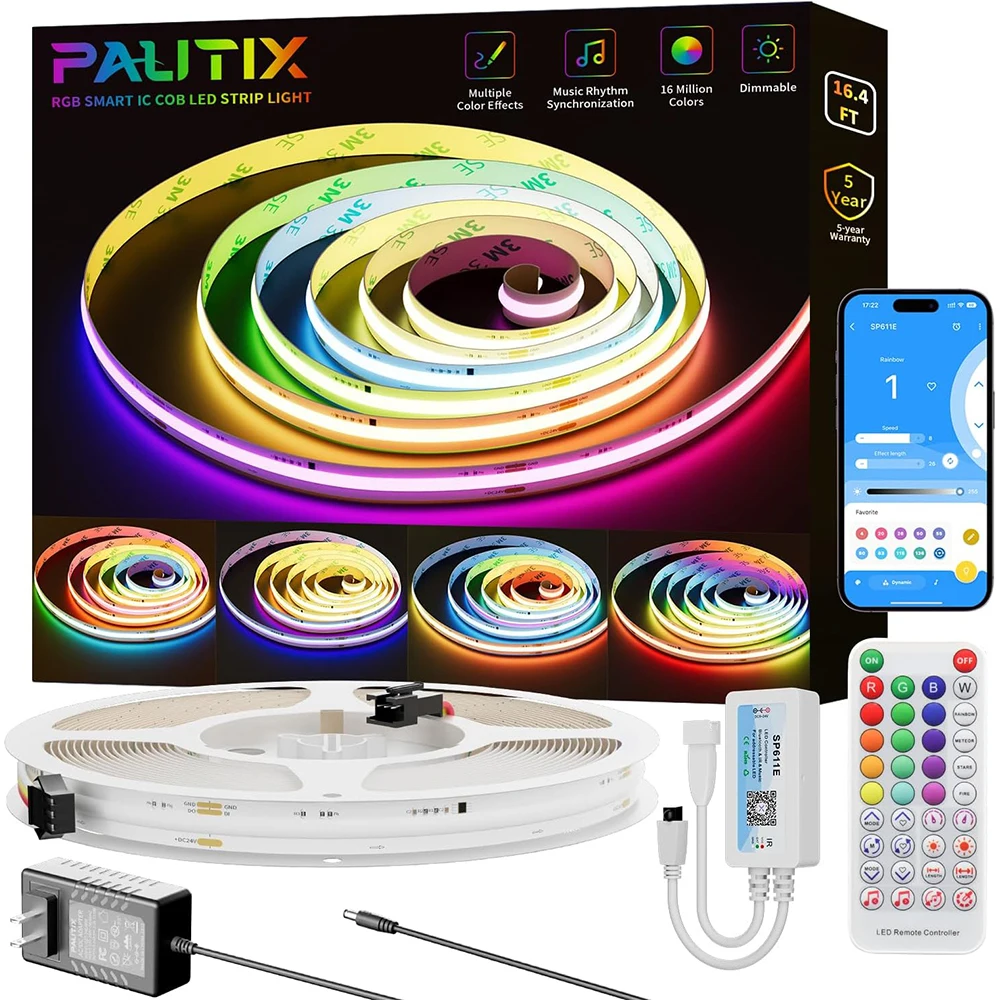 PAUTIX 5/10m COB RGBIC LED Strip Light Kit 630Leds/m High Density Addressable LED Light 12/24V Wifi Bluetooth App 3 Way Control