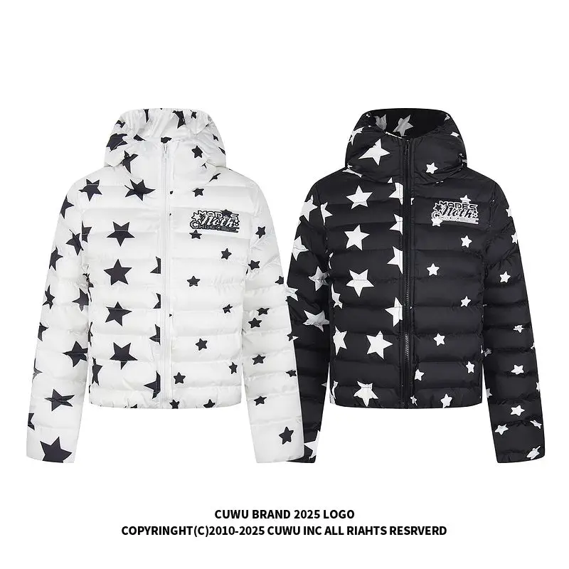 

American style star print hooded cotton jacket for women and men winter thick warm coats short cotton jacket men clothing