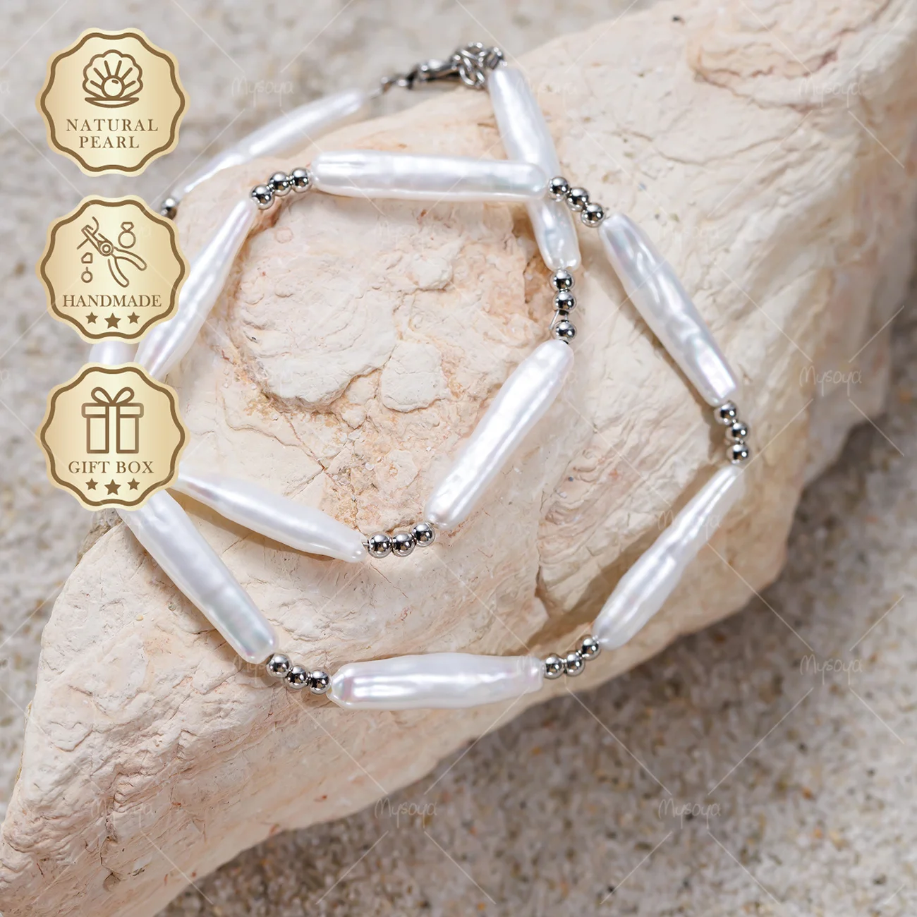 

MYSOYA Aurora Baroque Pearl Necklace 4-6mm x 25-28mm Silver Extender Chain, Gift Box, Everyday Jewelry S533