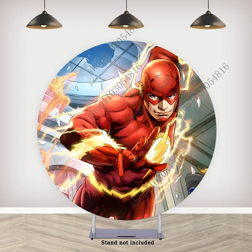 DC The Flash Round Photography Backdrop For Boys Superhero Birthday Party Circle Photo Background Booth Plinth Covers Polyester