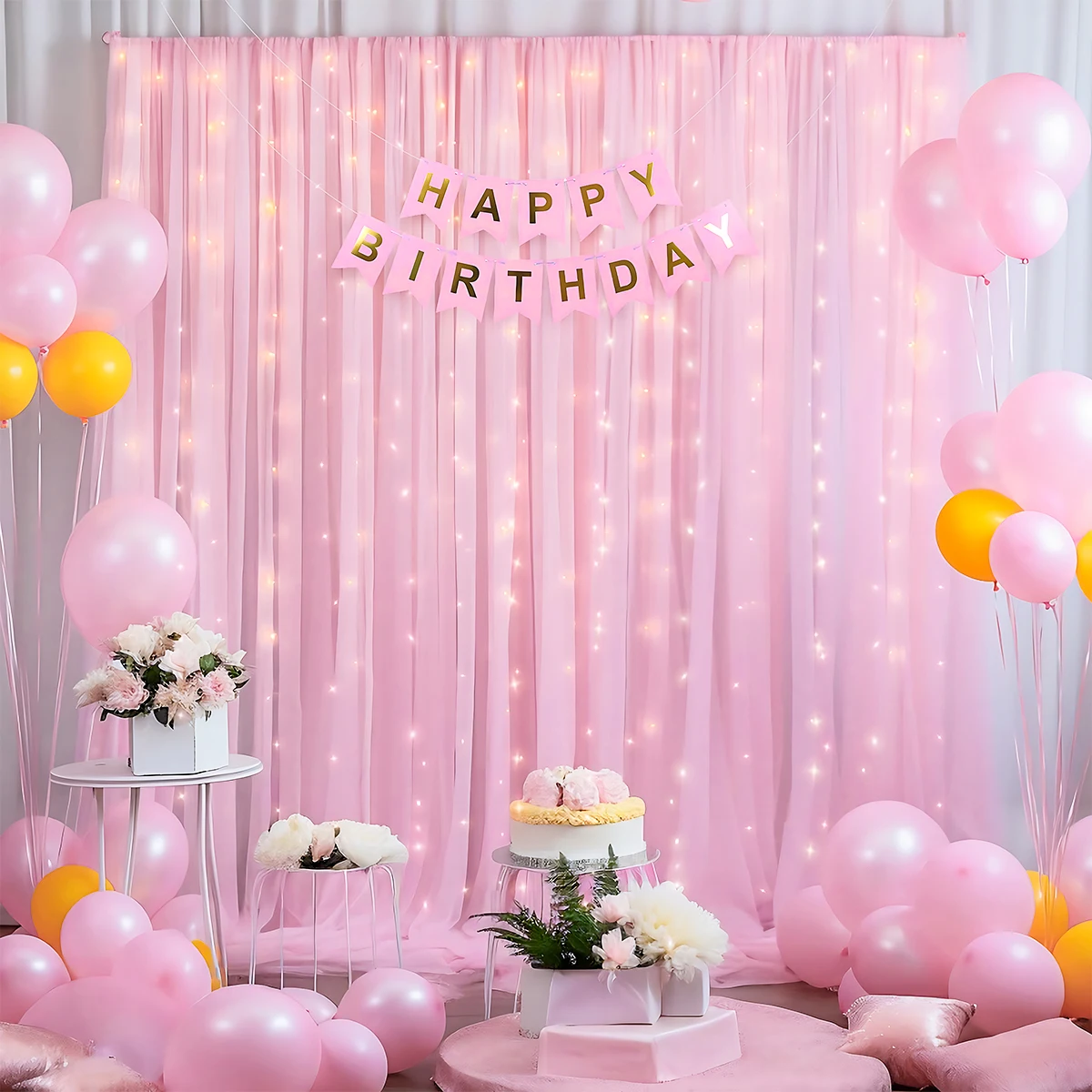 

2pcs Pink White Backdrop Curtains with Lights for Party Wedding Arch Baby Shower Birthday Party Photo Shoot Decorations