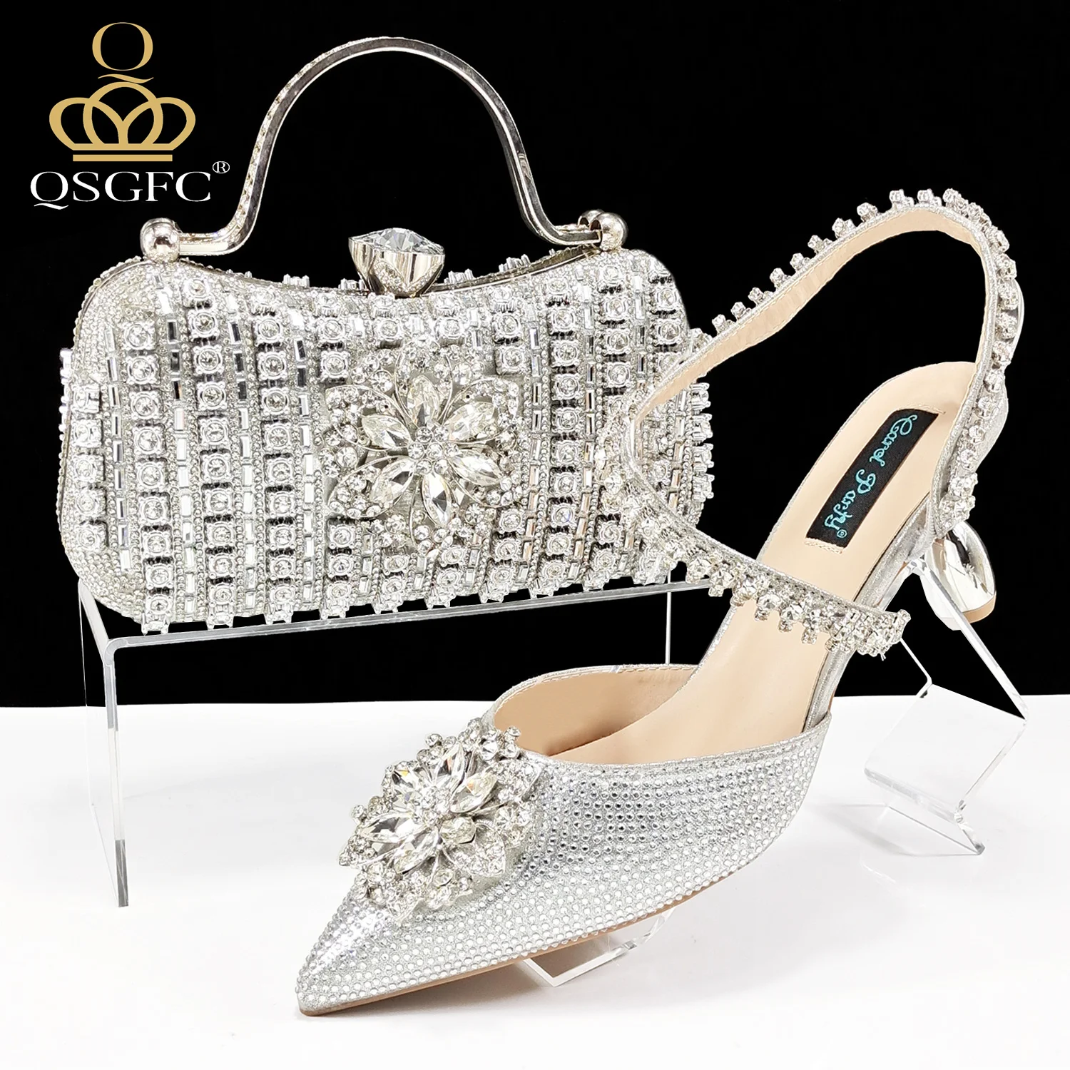 

African Special Banquet Elegant Style Silver Color Party Wedding Pointed Toe Heel Women Shoes and Bag Set With Rhinestone