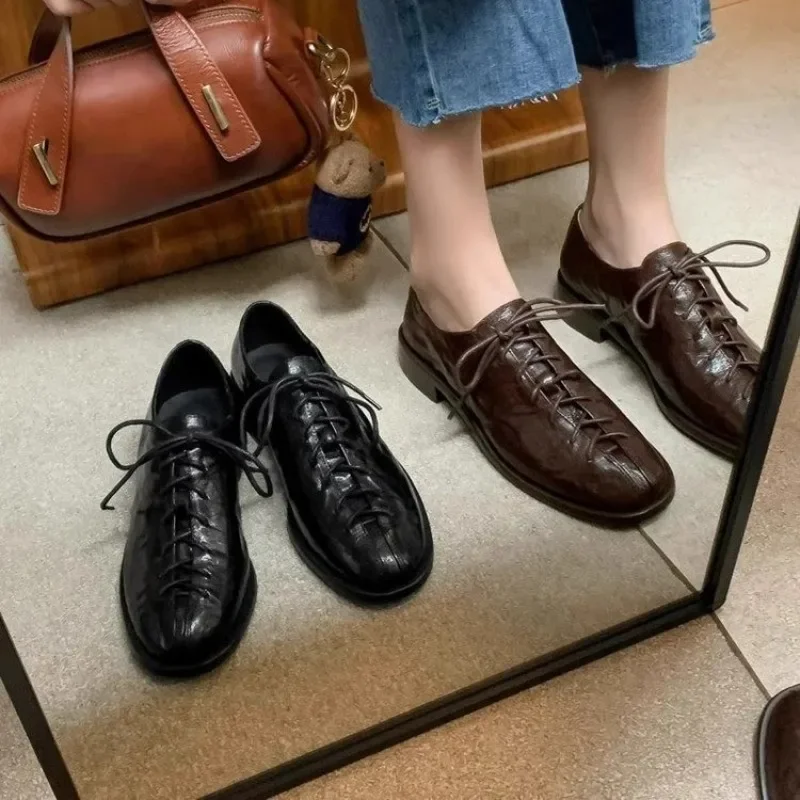 Sepatu oxford wanita, sneaker kulit sapi bertali, hak blok dasar, Kasut derby hak tinggi luar ruangan