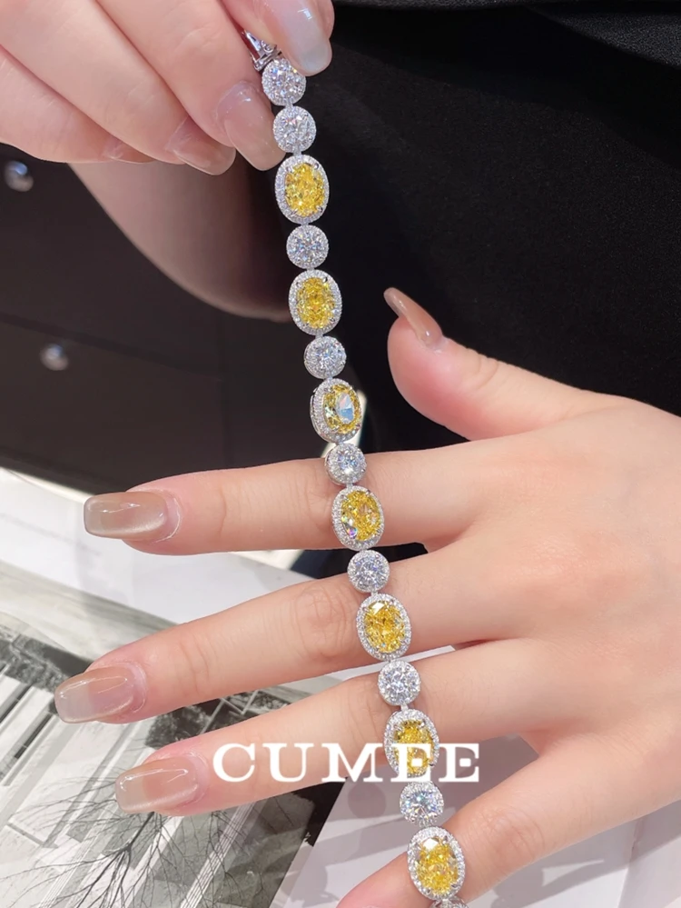 CUMEE New Classic Oval-shaped Artificial Yellow Diamond Bracelet for Women 925 Silver and Gold-plated Fine Jewelry