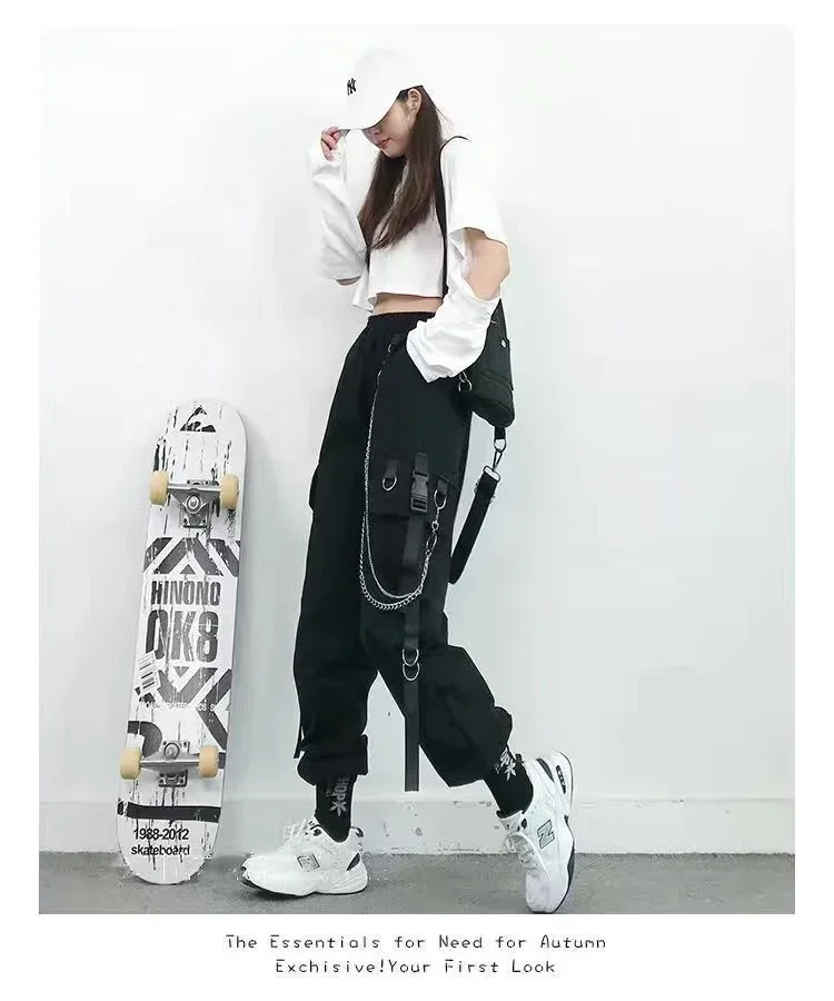 Schwarze Freizeithose für Damen im Frühling und Herbst, koreanischer Stil, Ins Hip-Hop-Student, lockere, hoch taillierte, schmal geschnittene Cargohose, trendig – Detail 7