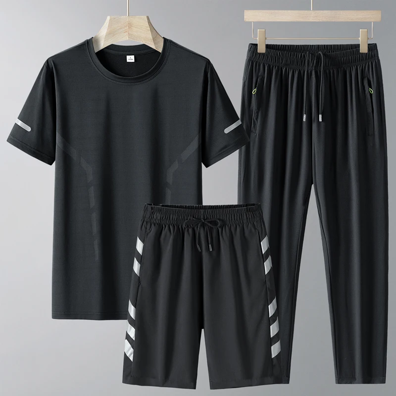 Summer Men's Pullover Short Sleeve Crew Neck T-shirt High Waisted Pockets Drawstring Elastic Long Pants Shorts England Sets