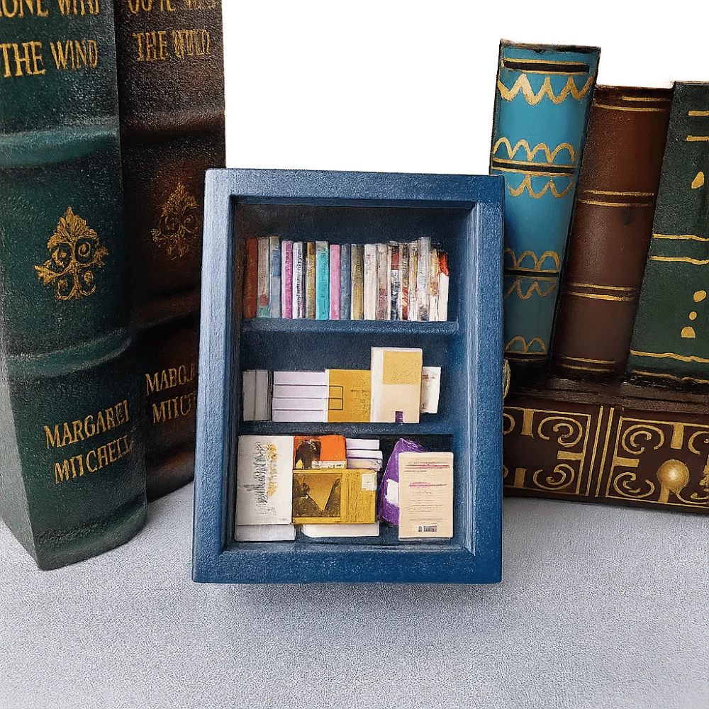 

Wooden Pocket Anxiety Bookshelf Home Decoration Portable Miniature Bookshelf 60pcs Mini Books Creative Ornament