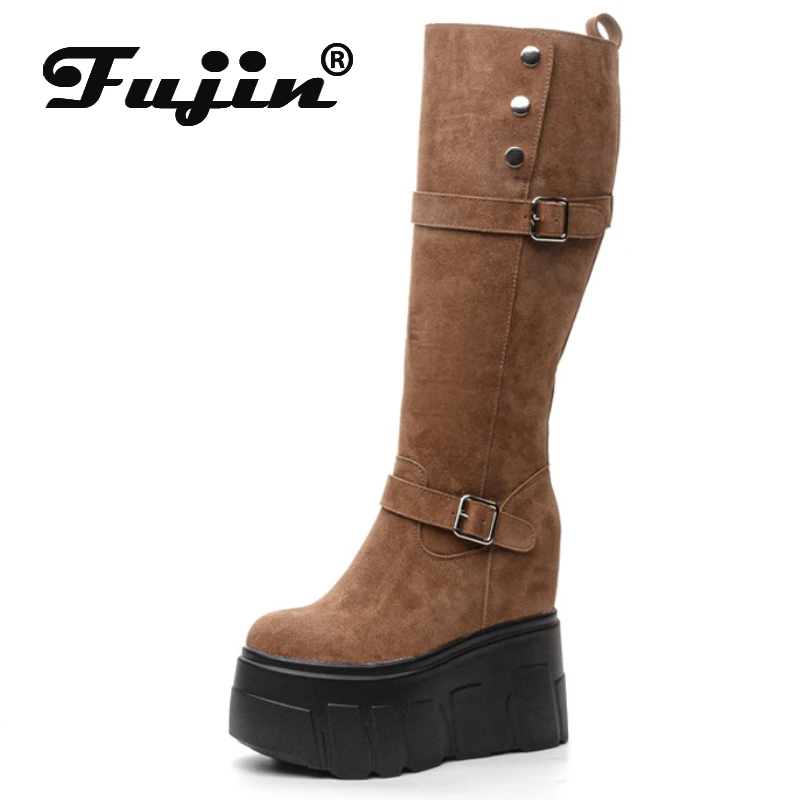 Fujin 14cm Microfiber Synthetic Leather High Top Boots Women Booties Knee High Platform Wedge Spring Autumn Zipper Fashion Shoes