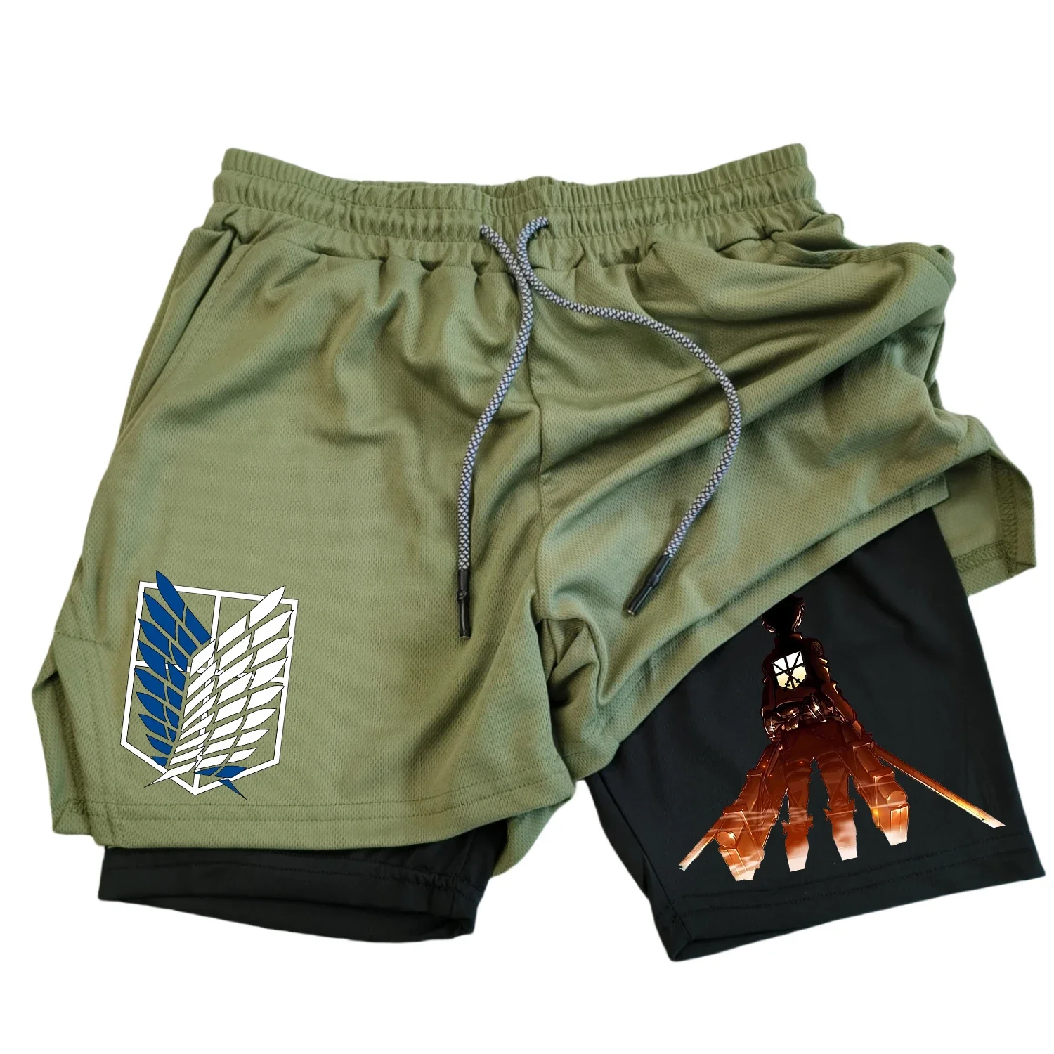 Anime Attack on Titan Men\'s Shorts 2 in 1 Sports Shorts Quick drying Breathable Sports Fitness Shorts Outdoor Running