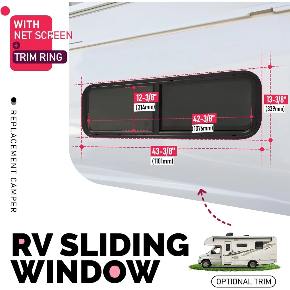 نافذة منزلق أفقية RV عالمية مع حلقة تقليم، 42 عريضة × 12 عالية، نافذة جانبية للشاشة الصافية لمقطورات الدمعة، المعسكر، V #2
